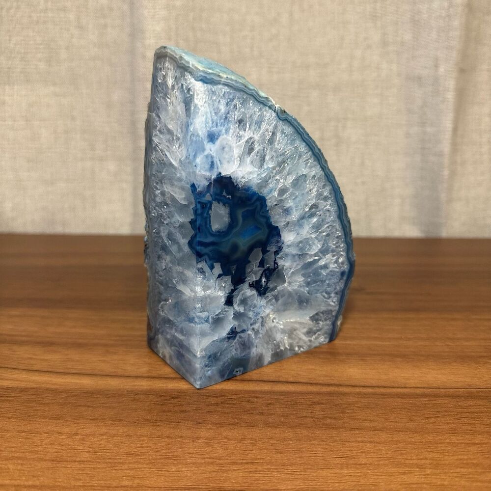 Blue Agate Crystal Geode Bookend, 5x3.5”